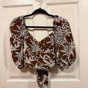 Express Womens Brown Floral Puff Sleeve Crop Top Tie Back Surplice Size 0